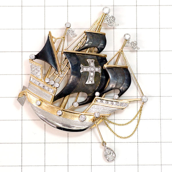 石川暢子 銅/K18YG/ Pt900 ダイヤモンド ダイヤモンド ブローチ 0.23ct D0.59ct 帆船