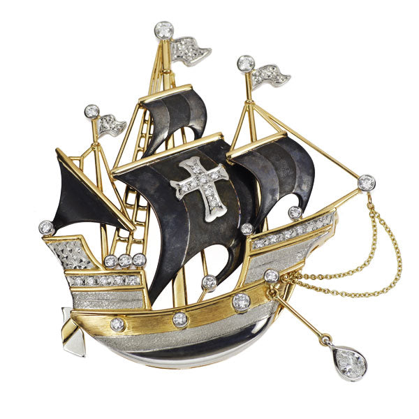 石川暢子 銅/K18YG/ Pt900 ダイヤモンド ダイヤモンド ブローチ 0.23ct D0.59ct 帆船