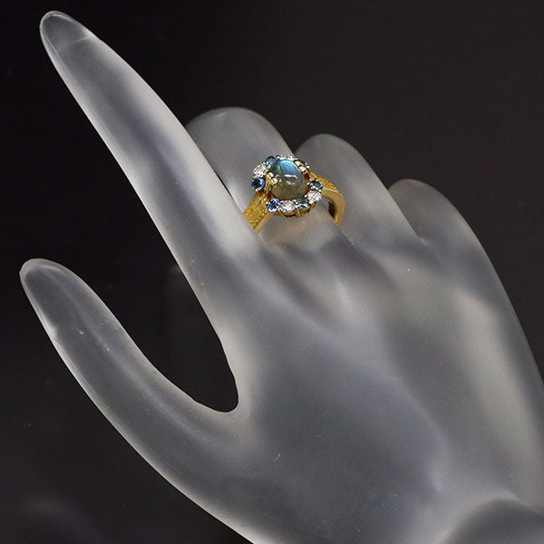 田村俊一 K18YG ラブラドライトキャッツアイ アクアマリン ダイヤモンド リング 1.95ct D0.27ct