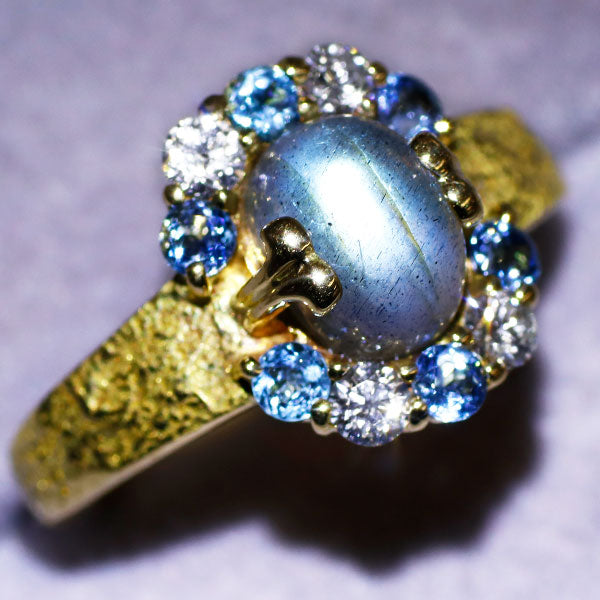 田村俊一 K18YG ラブラドライトキャッツアイ アクアマリン ダイヤモンド リング 1.95ct D0.27ct