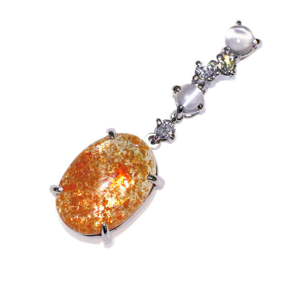 K18WG サンストーン ムーンストーンキャッツアイ ダイヤモンド ペンダントトップ 3.15ct D0.10ct