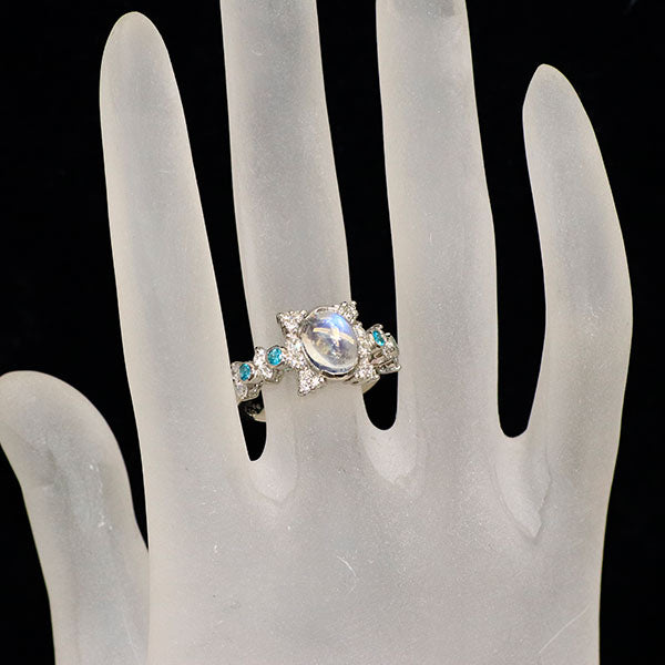 Pt900 ムーンストーン パライバトルマリン ダイヤモンド リング 1.73ct PT0.16ct D0.59ct