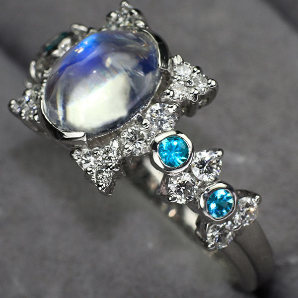 Pt900 ムーンストーン パライバトルマリン ダイヤモンド リング 1.73ct PT0.16ct D0.59ct