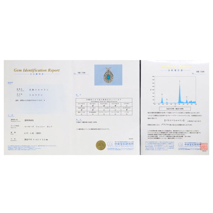 Pt ブラジル産 パライバトルマリン ダイヤモンド ペンダントネックレス 0.77ct D1.00ct