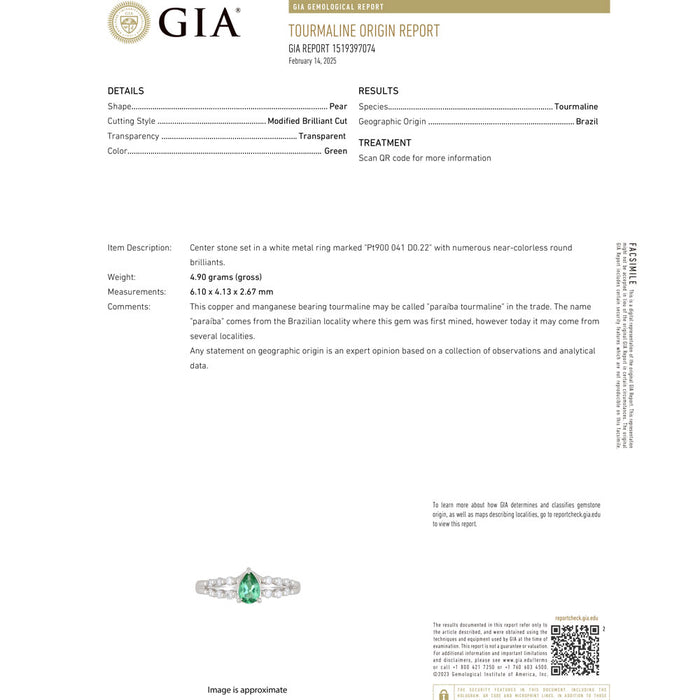 Pt900 GIA産地鑑別書付 ストレートグリーン ブラジル産パライバトルマリン ダイヤモンド リング 0.41ct D0.22ct
