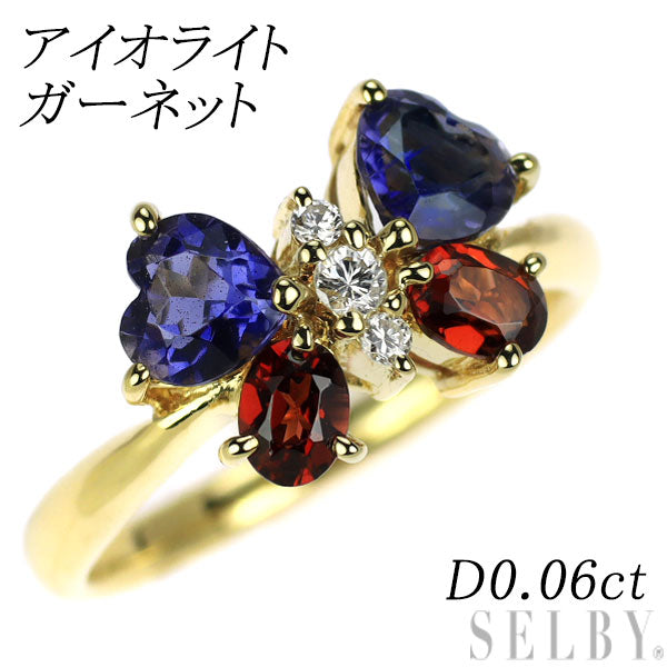 K18YG アイオライト ガーネット ダイヤモンド リング D0.06ct 蝶