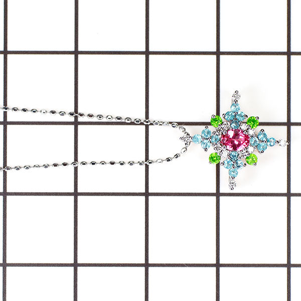 K18WG ピンクスピネル デマントイドガーネット パライバトルマリン ダイヤ ペンダントネックレス 0.15ct G0.07ct T0.14ct D0.07ct