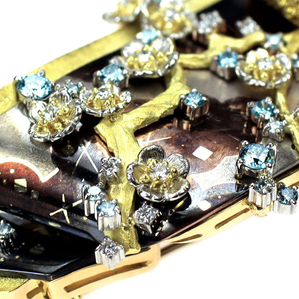 石川暢子 赤銅/ K18/Pt900 トリートブルー ダイヤモンド  ブローチ兼帯留め D1.40ct