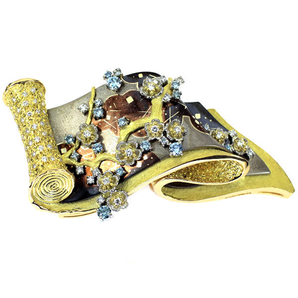 石川暢子 赤銅/ K18/Pt900 トリートブルー ダイヤモンド  ブローチ兼帯留め D1.40ct