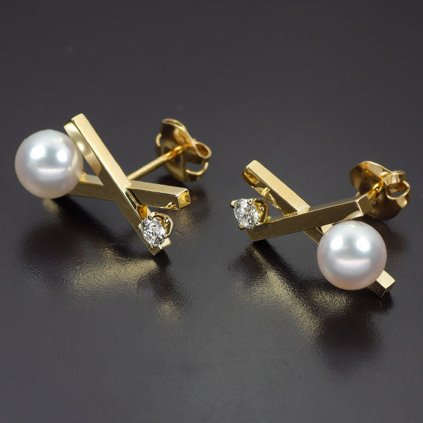 田崎真珠 K18YG アコヤ真珠 ダイヤモンド ピアス D0.20ct バランスクロス 《セルビー銀座店》【中古】