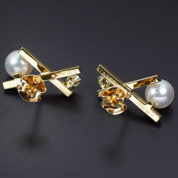 田崎真珠 K18YG アコヤ真珠 ダイヤモンド ピアス D0.20ct バランスクロス 《セルビー銀座店》【中古】