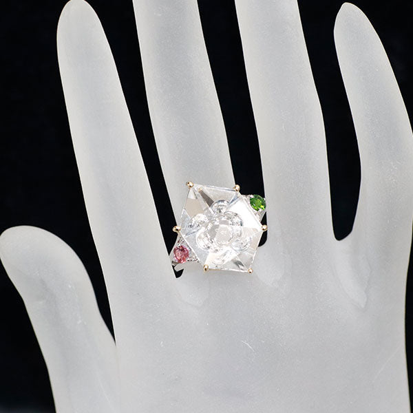 トム・ムンシュタイナー K18YG/WG 宝石彫刻クオーツ トルマリン リング 10.02ct T0.28ct