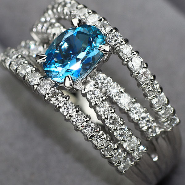 Pt900 サンタマリアカラー認証済 通常加熱アクアマリン ダイヤモンド リング 0.74ct D0.89ct