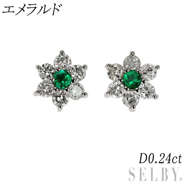 Pt900 エメラルド ダイヤモンド ピアス D0.24ct フラワー