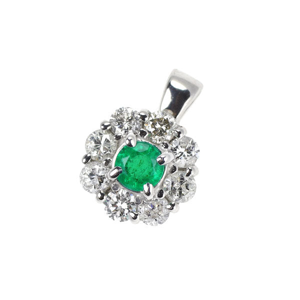 K18WG エメラルド ダイヤモンド ペンダントトップ 0.09ct D0.21ct フラワー