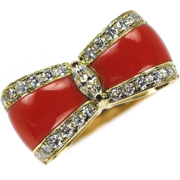 K18YG Coral Diamond Ring D0.154ct D0.42ct Ribbon 