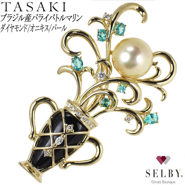 TASAKI K18YG Pearl Brazilian Paraiba Tourmaline Diamond Onyx Brooch 11.2mm D0.22 and Pendant Top《Selby Ginza Store》 [S Polished like new] [Used] 