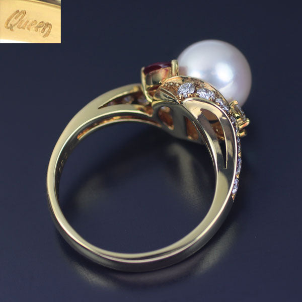 Queen K18YG Akoya Pearl Ruby Diamond Ring Diameter approx. 8.4mm R0.36ct D0.50ct 