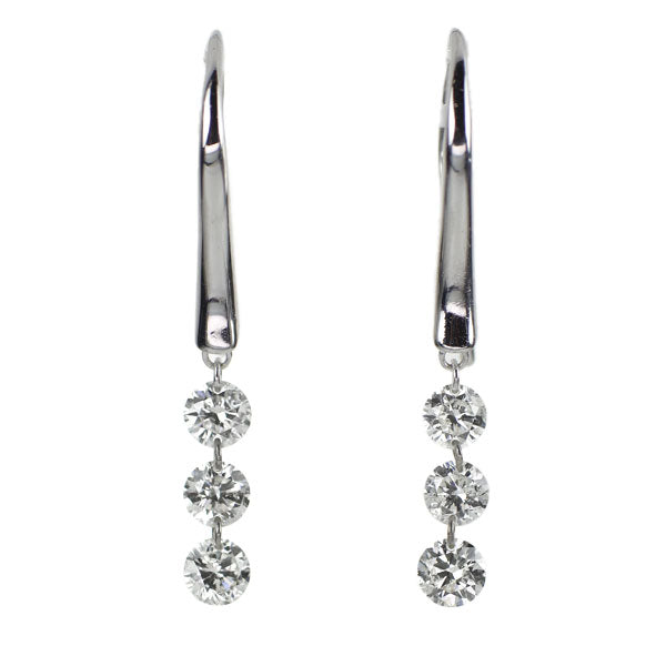 K18WG laser hole diamond hook earrings 0.50ct three stones 