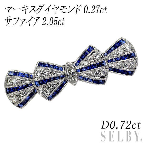Pt900 Marquise Diamond Sapphire Brooch 0.27ct S2.05ct D0.72ct Ribbon 
