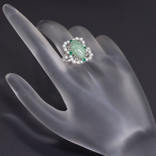 K18WG Jade Emerald Akoya Pearl Ring Diameter approx. 2.3-2.6mm Vintage Motif 