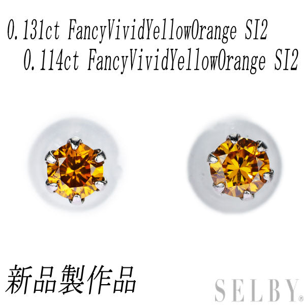 New Pt900 Natural Vivid Yellow Orange Diamond Earrings 0.245ct FVOY SI2 