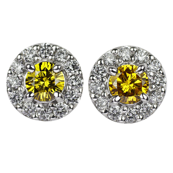 New Pt Natural Vivid Yellow Diamond Earrings 0.217ct FVOY SI2 D0.14ct 